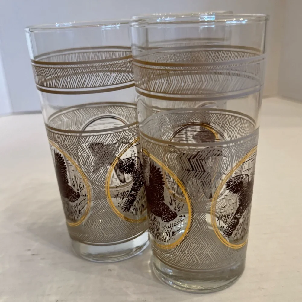 3 VTG 1970s MCM Libbey Highball Pheasant Glasses Game birds Brown Gold